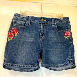 Level Eight Embroidered Floral Hippie Blue Denim Jean Shorts 31” Waist size 6